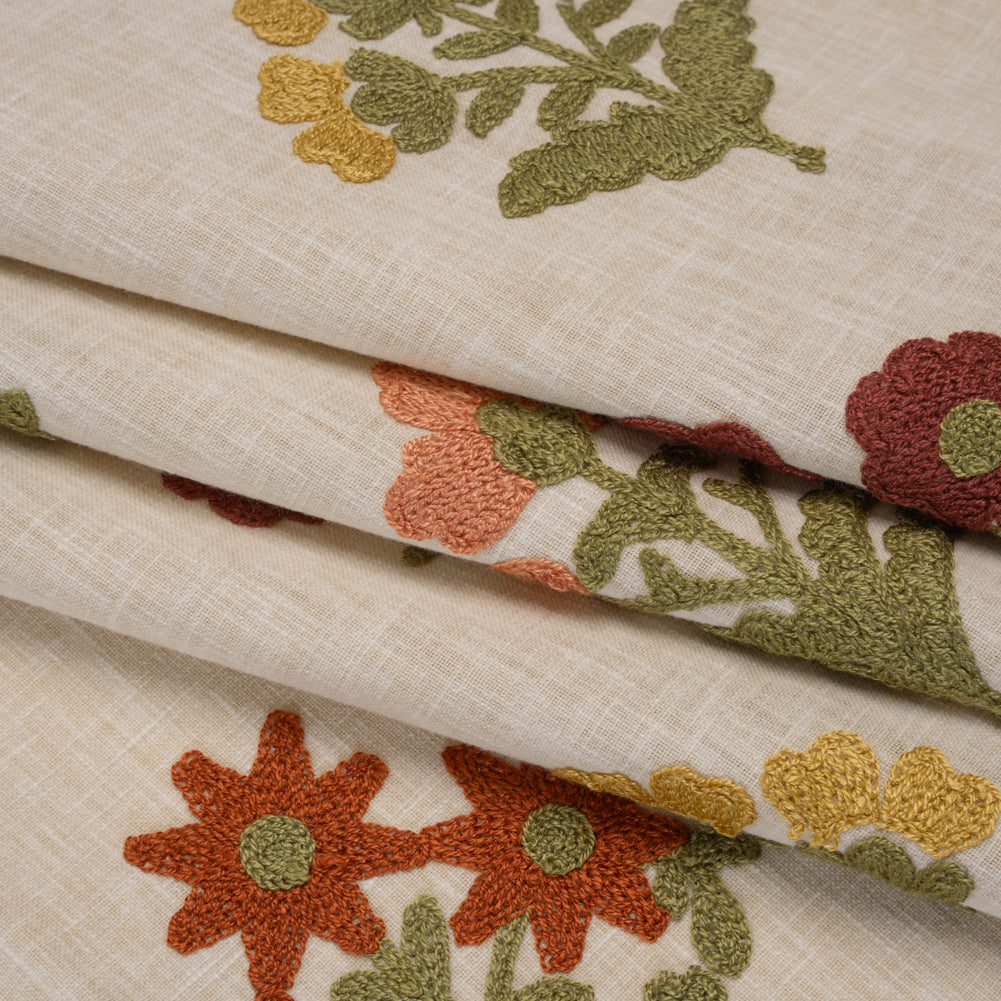 Polyester and Cotton Slubbed Drapery Woven with Viscose Embroidery - Terracotta Simple Flowers - British Imported - Joann Fabrics