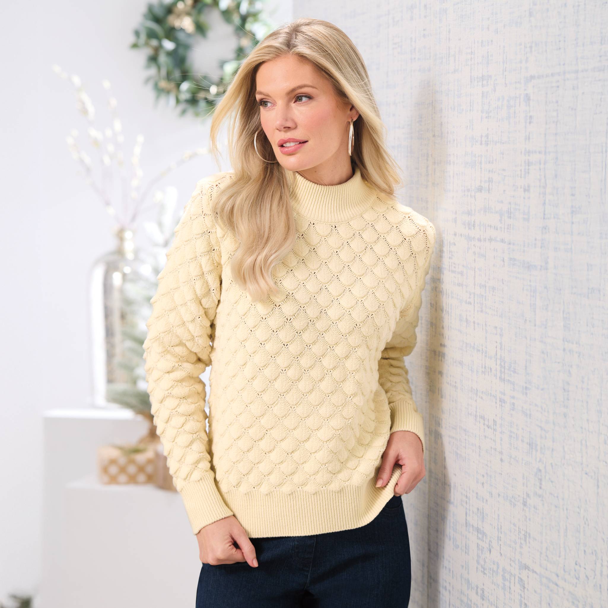 Scallop Pointelle Mockneck Sweater, Cotton Blend - Northstyle Catalog
