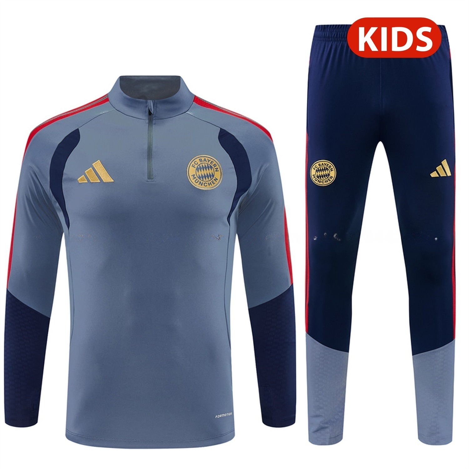 Bayern Munich 26-27 Kids Long Sleeve Training Set - Grey Top & Deep Blue Pants - UnitedFutballJersey