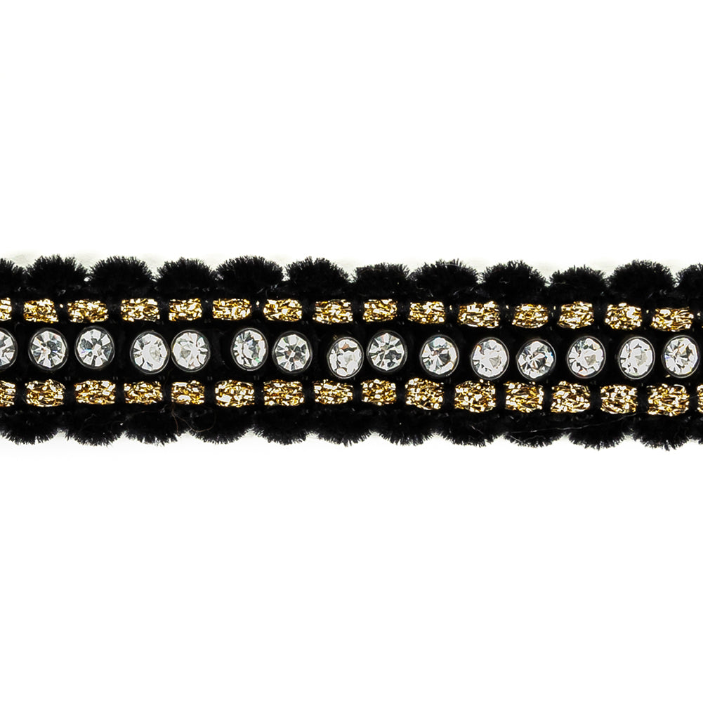 Vintage Fancy Black, Crystal and Gold Lurex Chenille Trim - 0.875