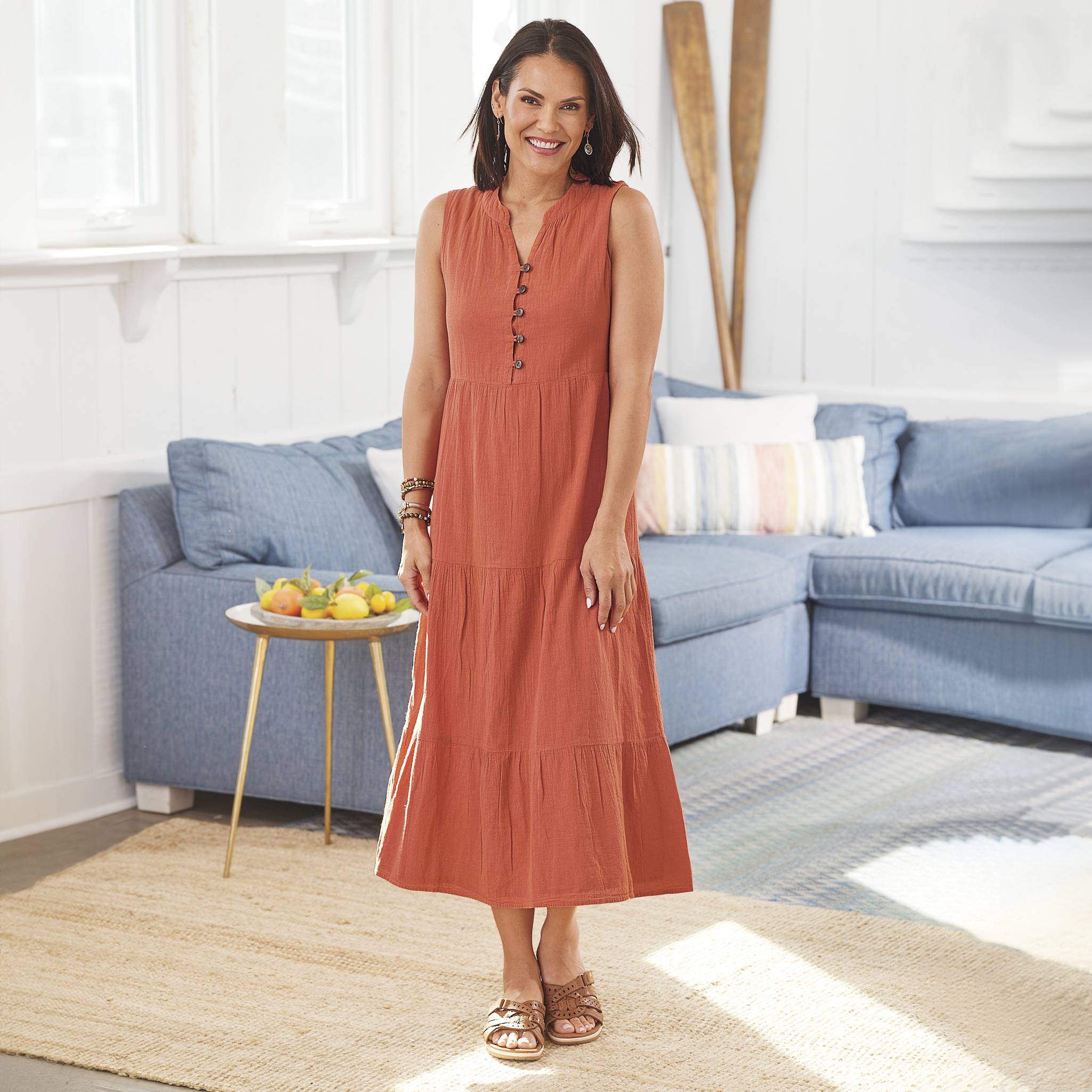 Casual Tiered Cotton Gauze Dress, Sleeveless, Coconut Buttons - Northstyle Catalog