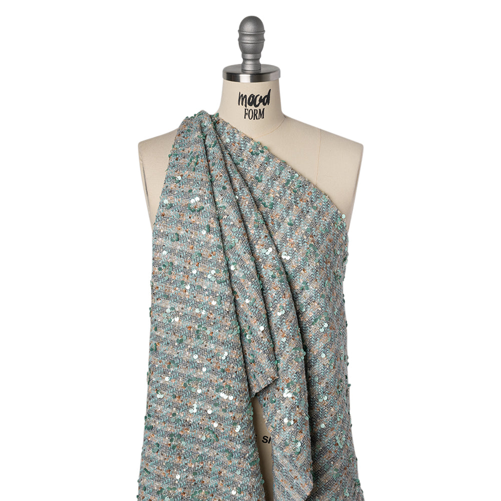 Polyester Tweed with Sequins and Beads - Mint Green, Copper and Gray Abstract over Plaid - Joann Fabrics