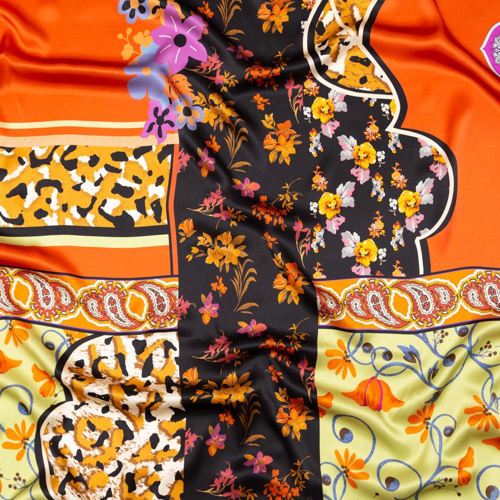 Mood Exclusive Italian Lime, Orange and Amethyst Floral Patchwork Digitally Printed Silk Charmeuse Panel - Joann Fabrics