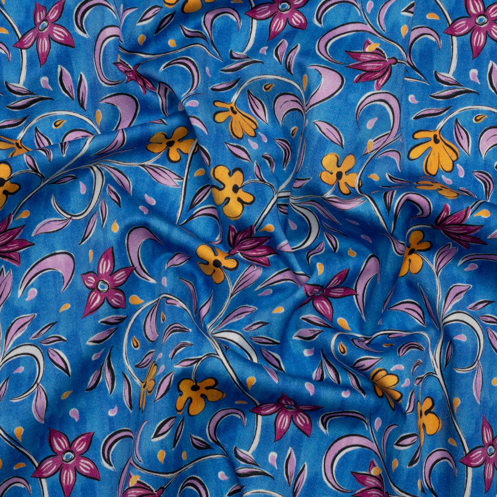 Stretch Cotton Sateen - Blue and Yellow Floral - Apollo's Laurel Print - Mood Exclusive Chariot Collection - Joann Fabrics