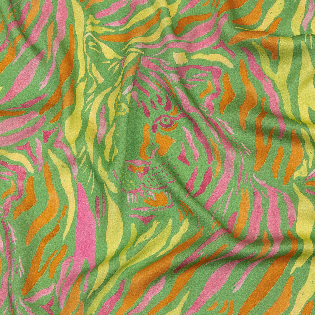 Rayon Challis - Green and Pink Tiger Stripes - Rainforest Refreshment Print - Mood Exclusive Citrus Collection - Joann Fabrics