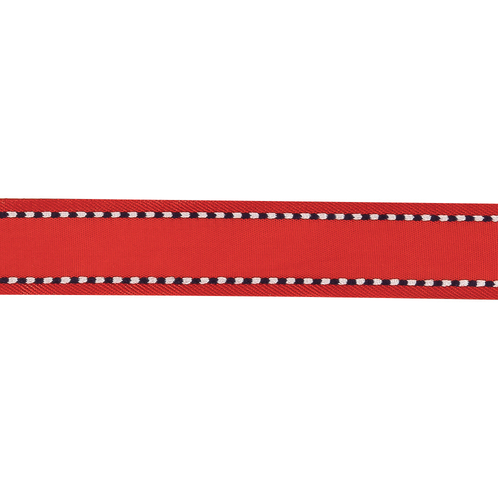 Red Woven Ribbon with Navy and White Stitched Border - 0.625
