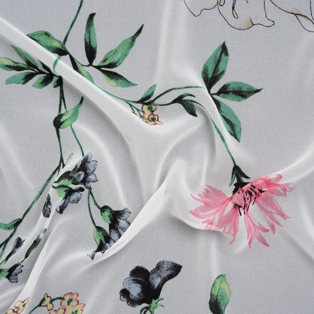 Polyester Chiffon Print - White, Green and Pink Delicate Florals - Designer Deadstock - Joann Fabrics