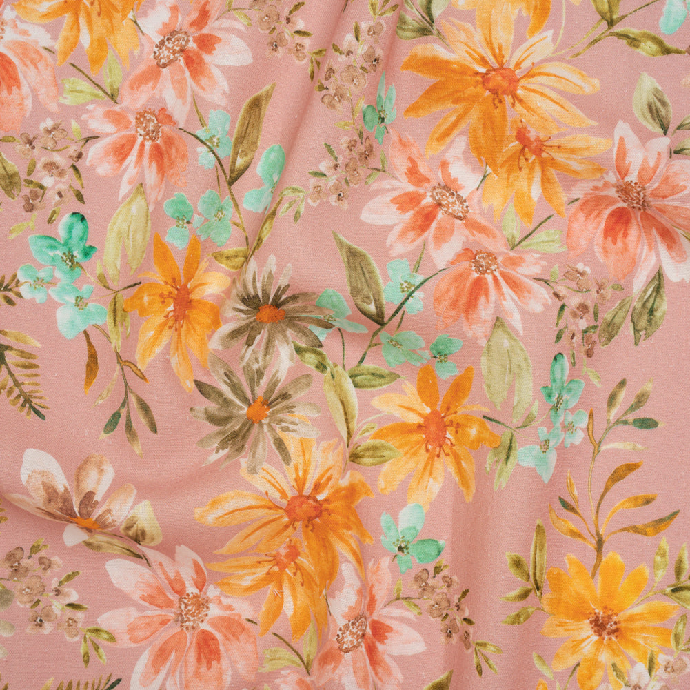 Linen and Rayon Woven - Dusty Pink, Orange and Olive Green Floral - Mood Exclusive First Blush Print - Joann Fabrics