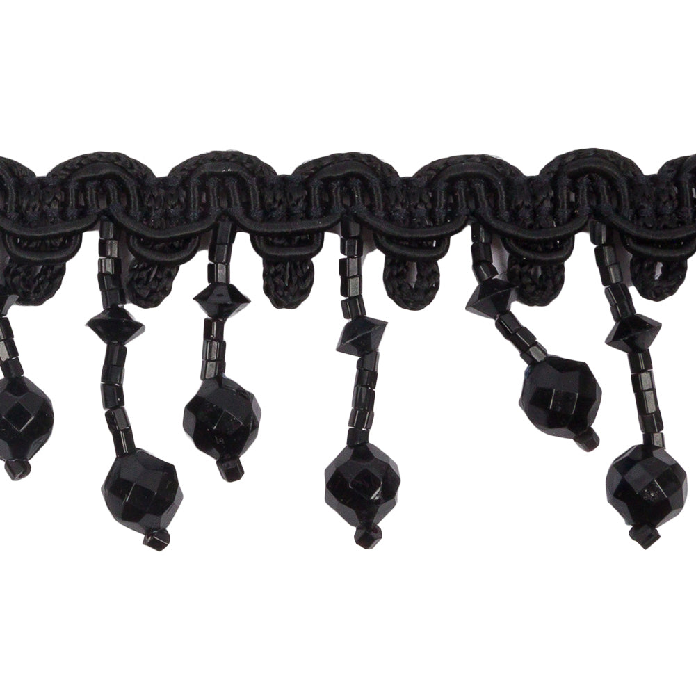 Vintage Black Faceted and Seed Beaded Fringe on Black Braid - 1.5