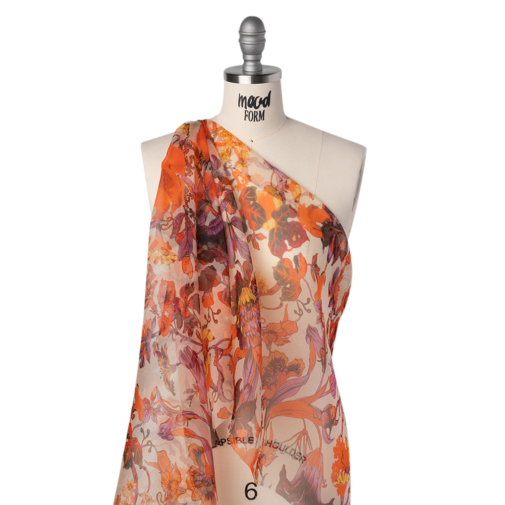 Lightweight Silk Organza Print Made in Italy - Orange, Purple and Burgundy Lilies and Flowers - Joann Fabrics