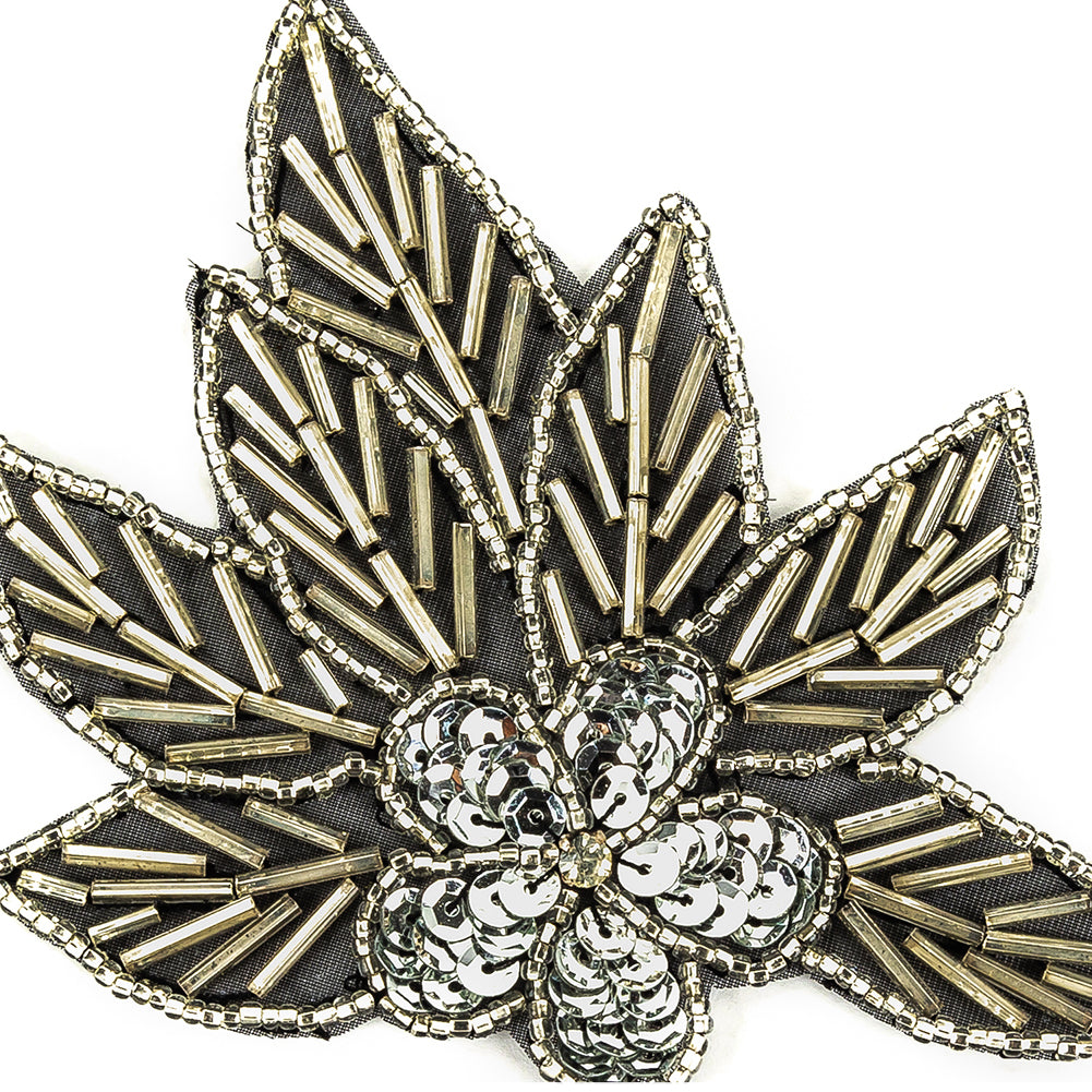 Vintage Silver Sequins and Silver-lined Bugle Beaded Floral Applique with Rhinestone Center - 4
