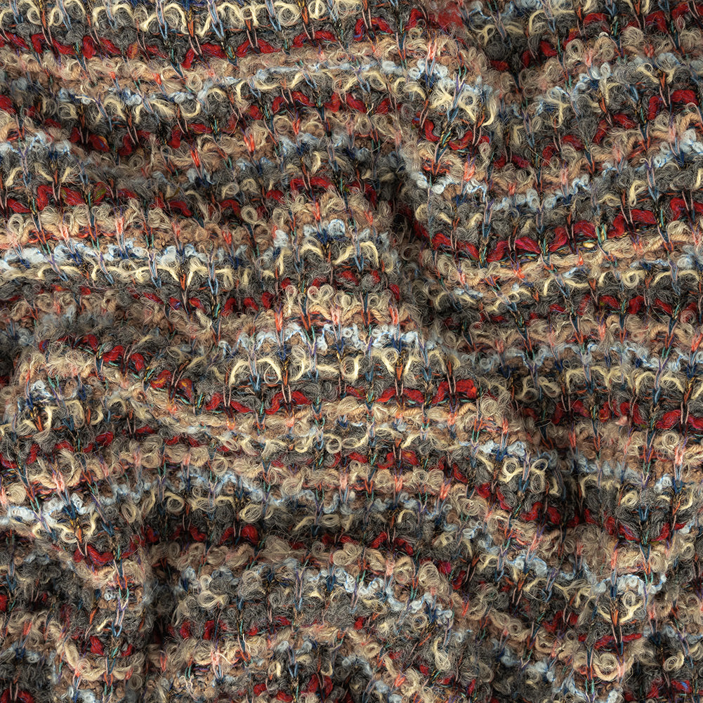 Red, Coral and Gray Striped Boucle Wool Knit with Clear Baby Sequins - Joann Fabrics