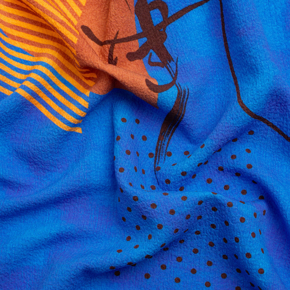 Mood Exclusive Blue Calligraph Creator Stretch Polyester Seersucker - Joann Fabrics