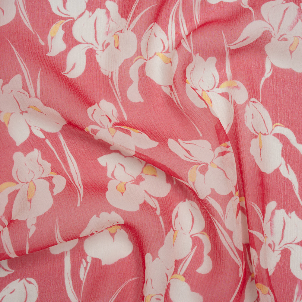 Crinkled Silk Chiffon - White, Yellow, and Dark Pink Orchids - Deadstock - Joann Fabrics