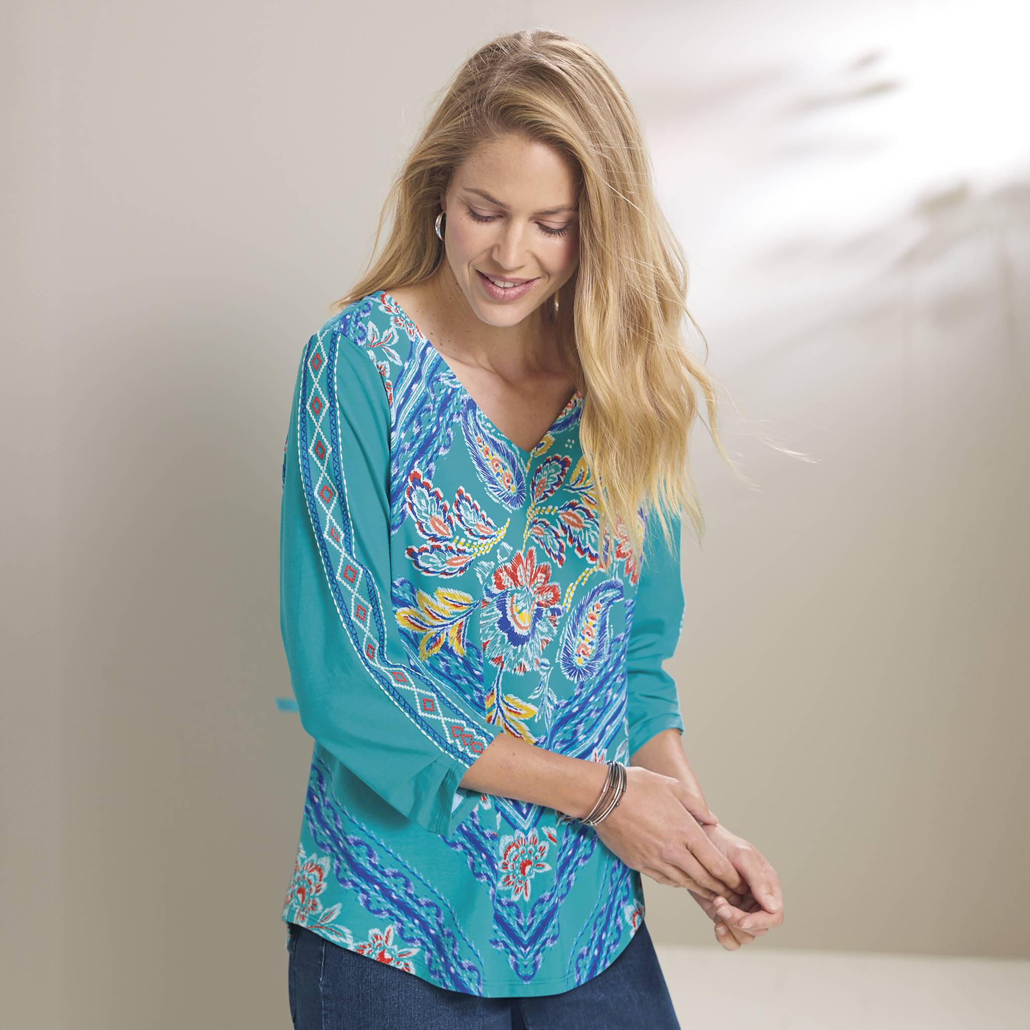 Paisley Floral Print Top, V-Neck, Embroidered 3/4 Sleeves - Northstyle Catalog