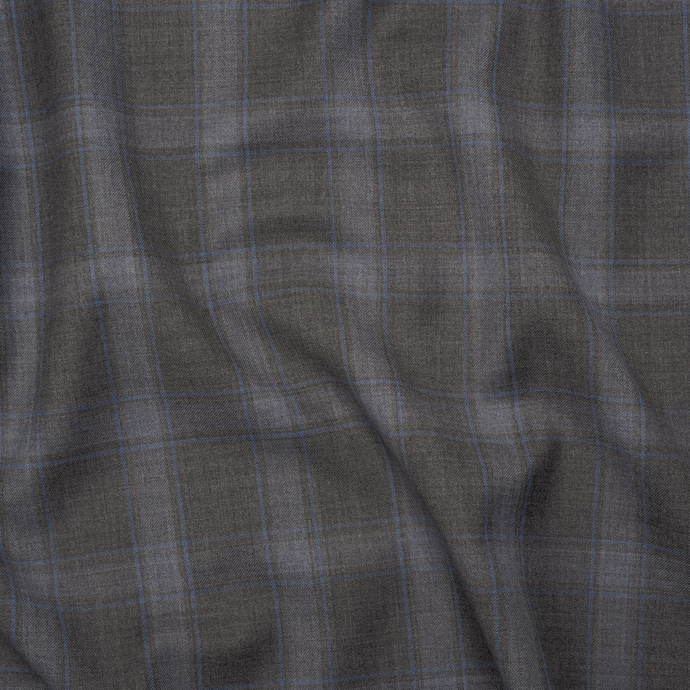 Super 130s Wool Twill Suiting Made in Italy - Gray and Sky Blue Plaid - Deadstock - Joann Fabrics