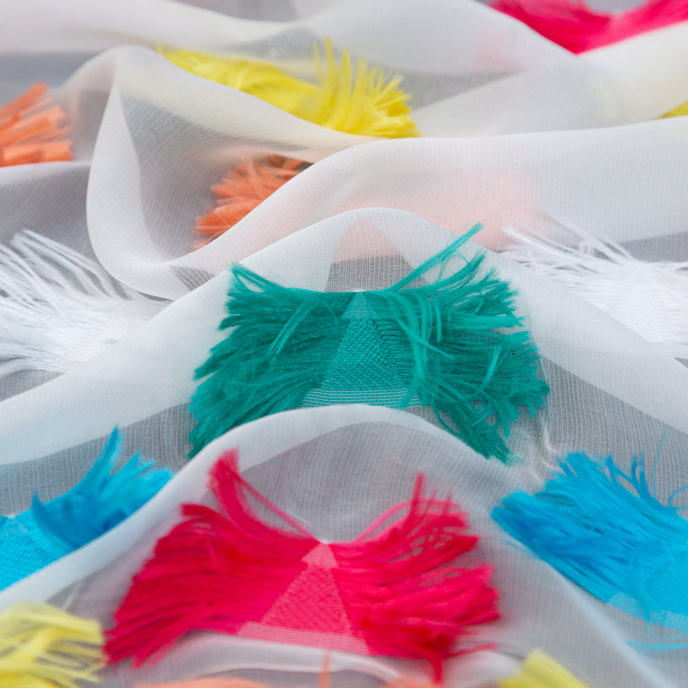White Silk Chiffon with Multicolor Woven Fringe Triangles - Joann Fabrics