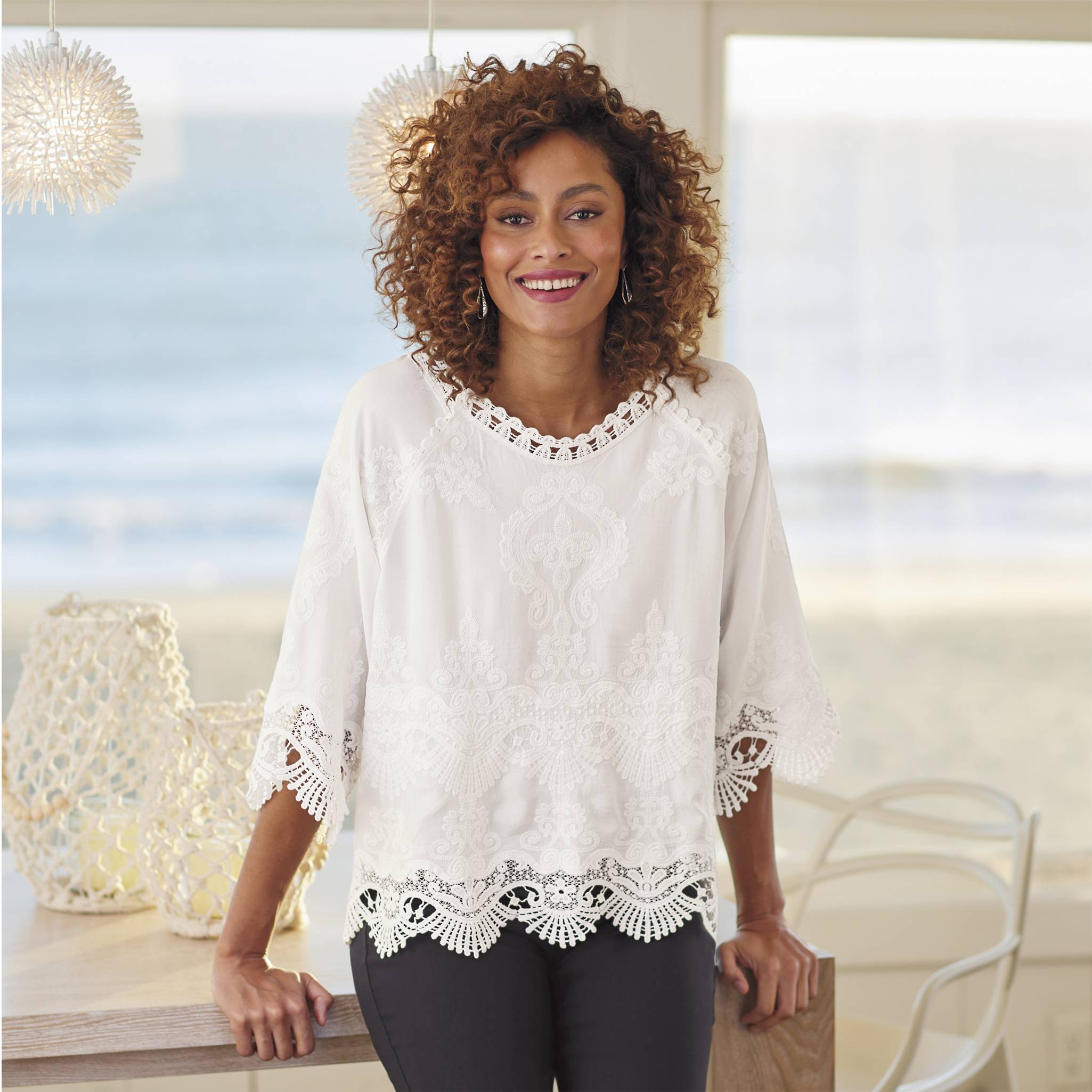 Embroidered Lacey Shirt, Tonal Lace and Crochet Applique, 3/4 Sleeves - Northstyle Catalog
