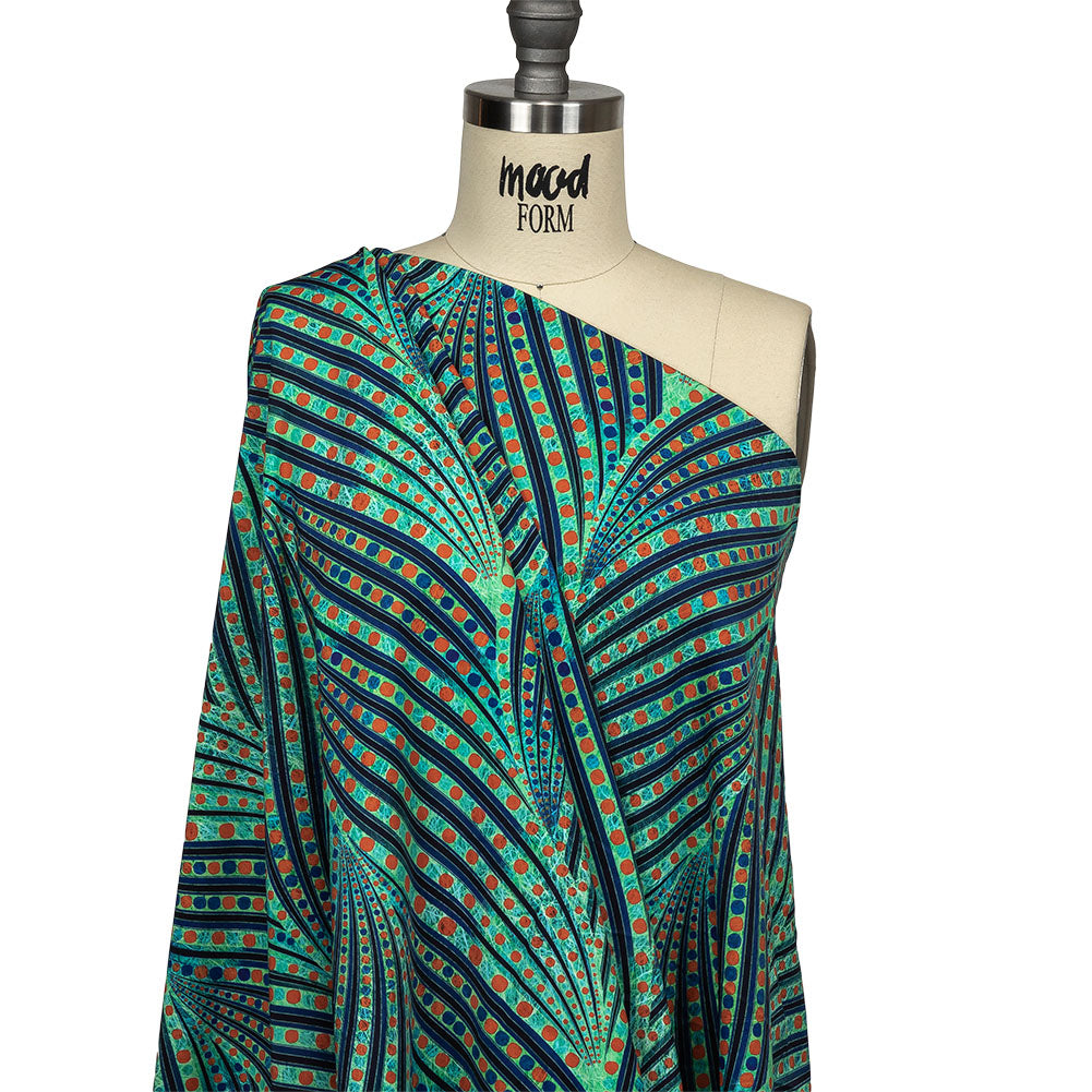 Jade, Blue and Orange Art Deco Feathers UV Protective Compression Swimwear Tricot with Aloe Vera Microcapsules - Joann Fabrics