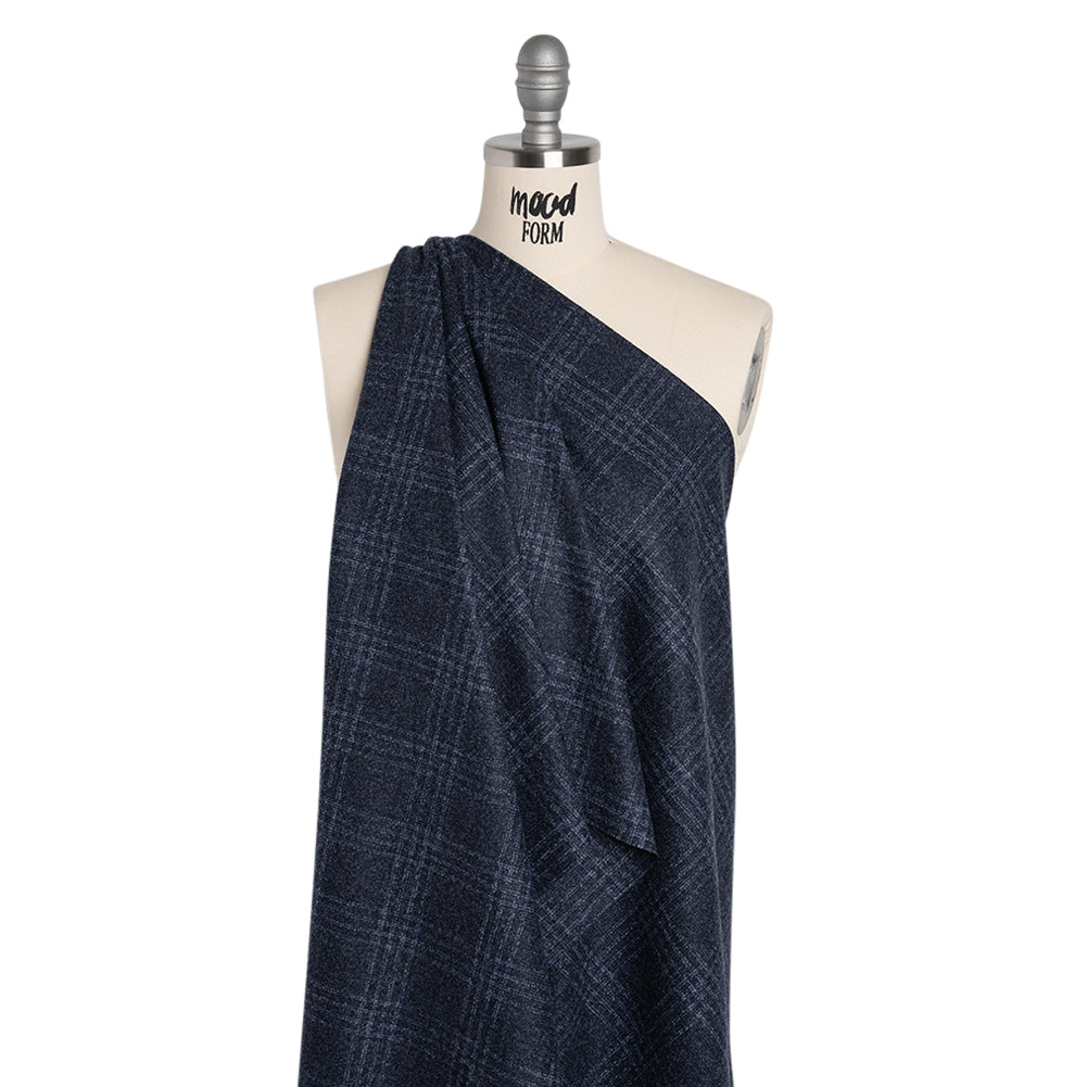 Wool, Silk and Cashmere Boucle Suiting Made in Italy - Blue and Navy Plaid - Deadstock - Joann Fabrics