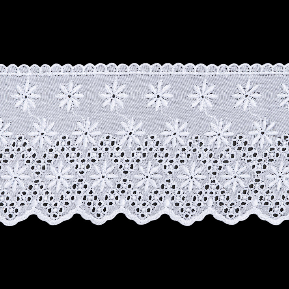 Cotton and Polyester Embroidered Eyelet Lace Trim with Scalloped Edges - 3.625