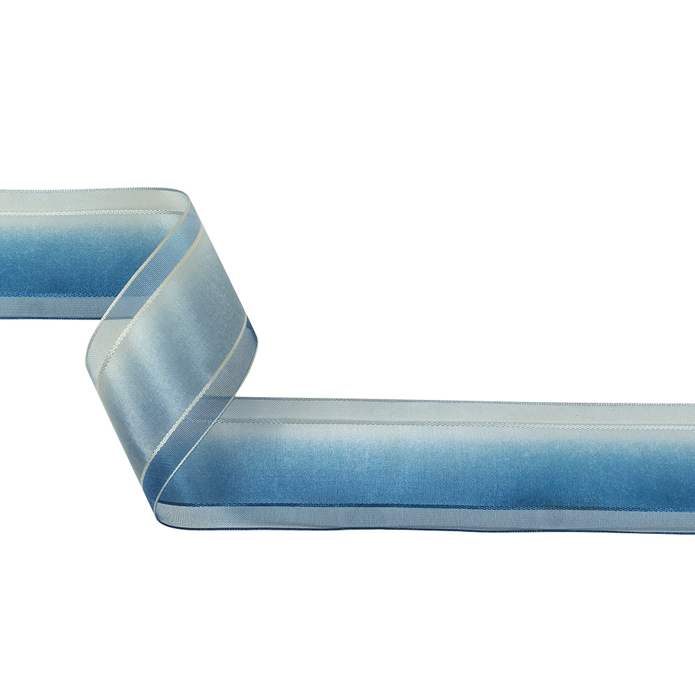 Ultramarine and Light Blue Ombre Woven Ribbon with Sheer Organza Borders - 1.5