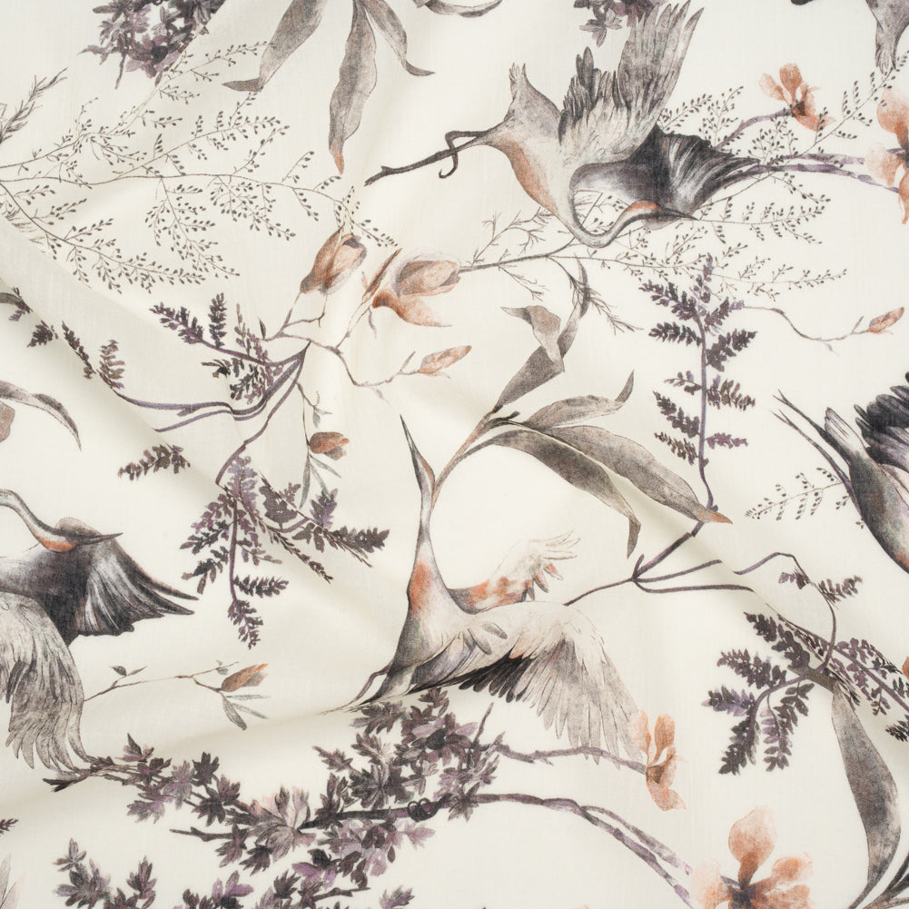 Crinkled Cotton Gauzy Woven - Russet, Aubergine and Black Cranes in the Branches - Mood Exclusive Winged Serenity Print - Joann Fabrics