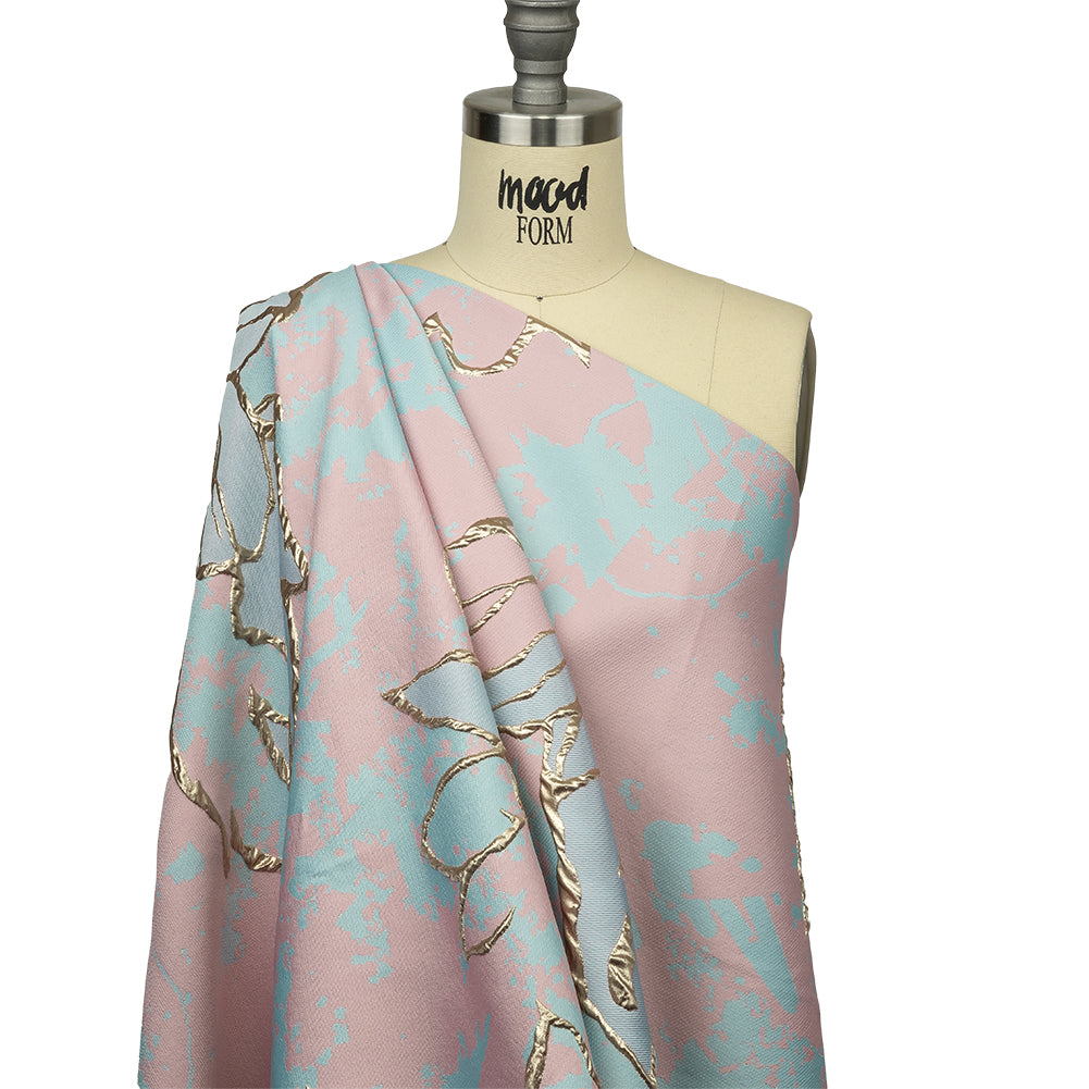 Metallic Gold, Pink and Sky Blue Mottled Floral Outlines Luxury Brocade - Joann Fabrics