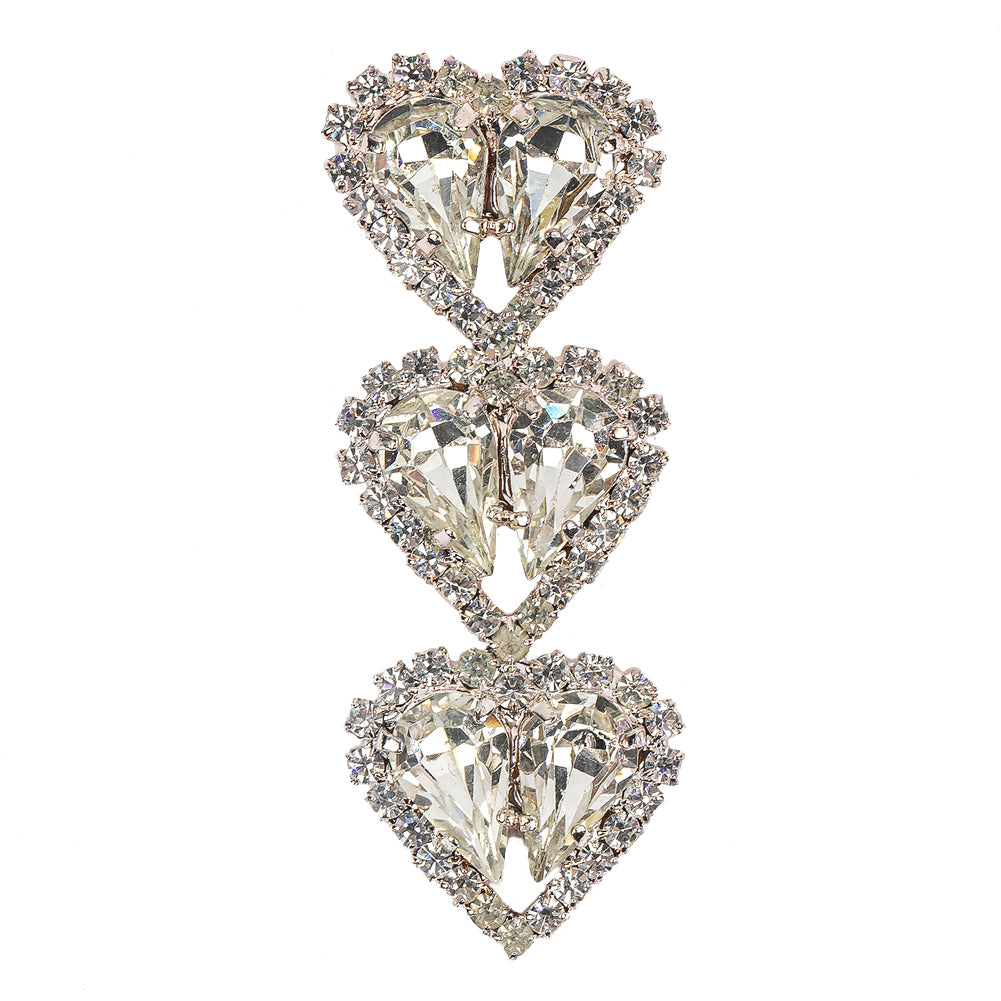 Vintage Swarovski Crystal Rhinestones and Silver Metal Three Hearts Sew-on Ornament - 2.25