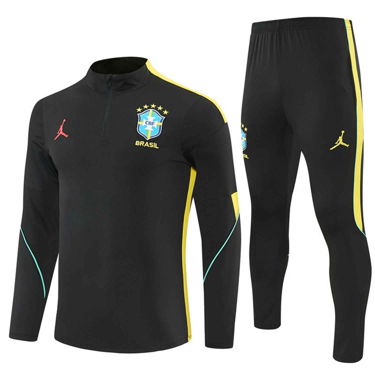 Brazil X JD 2026 Long Sleeves Training Set - Black Top And Black Yellow Pants - UnitedFutballJersey
