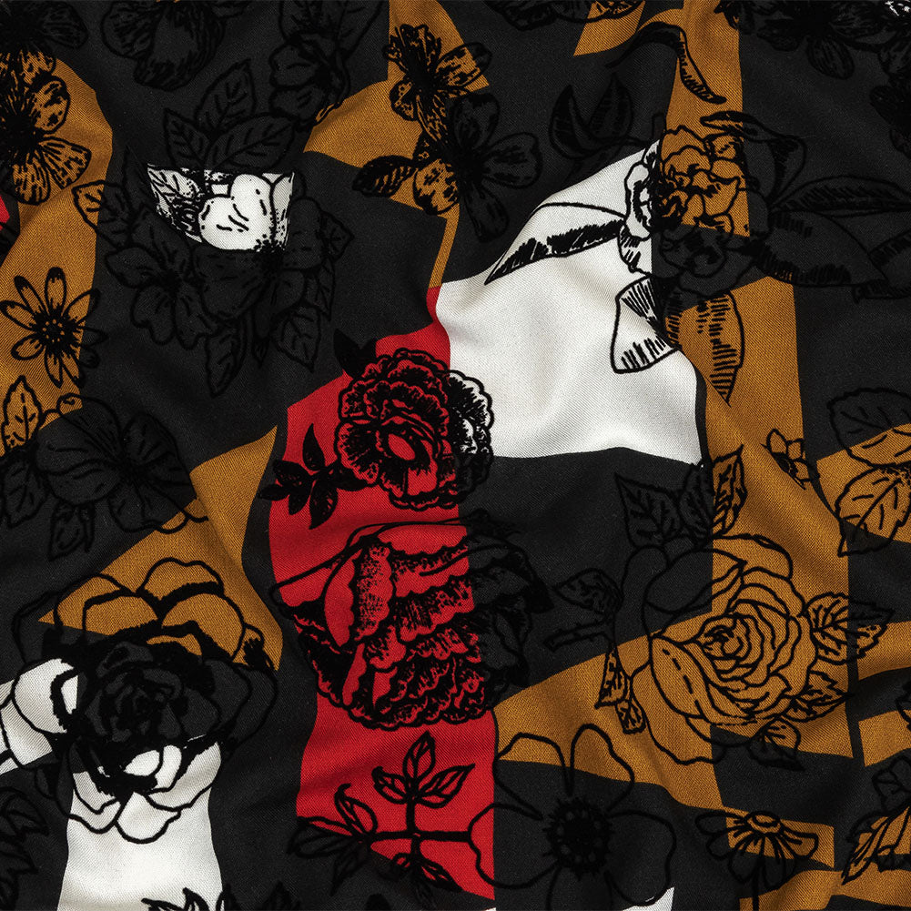 Red, Mustard and Black Flocked Flowers on Geometric Printed Viscose Woven - Joann Fabrics