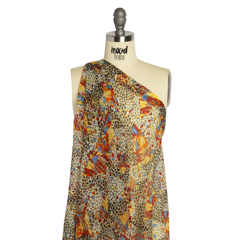 Brown, Yellow and Blue Abstract Crinkled Silk Chiffon - Joann Fabrics