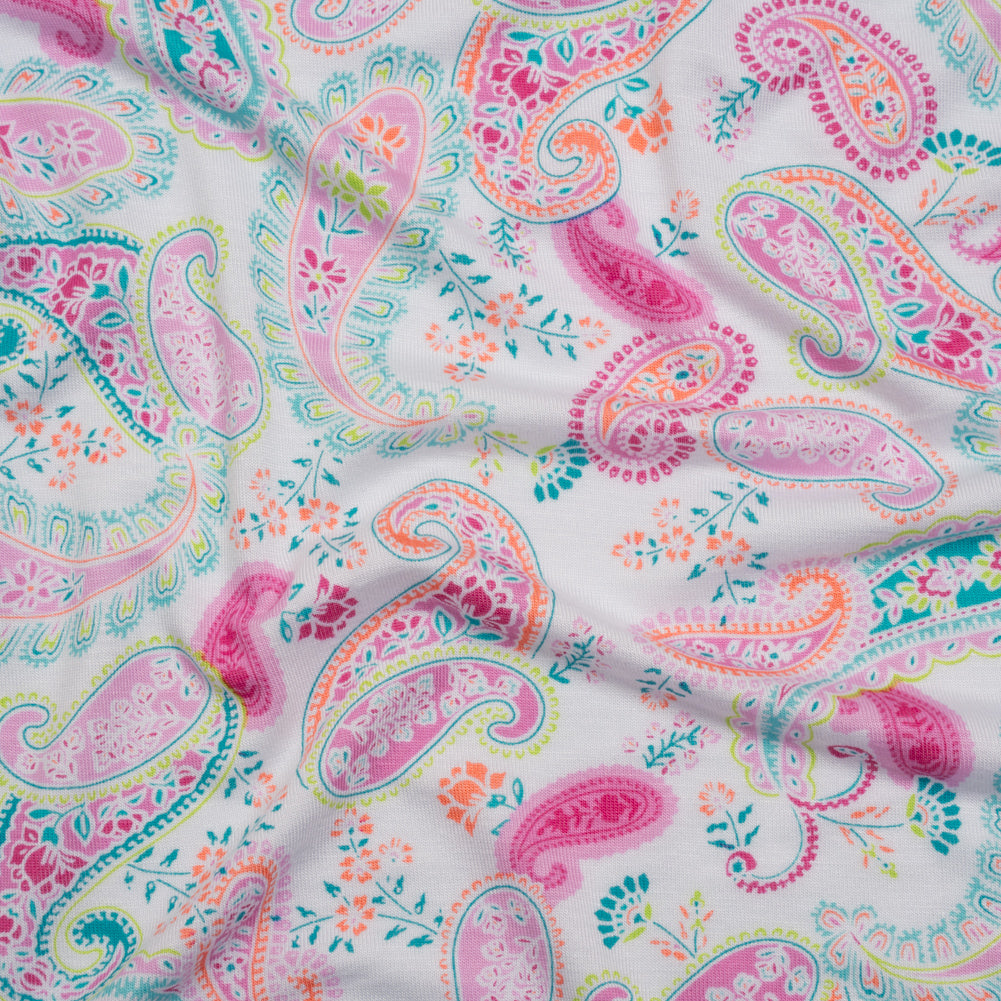 Stretch Rayon Jersey Print - Pink, Teal and Orange Paisleys on White - Deadstock - Joann Fabrics