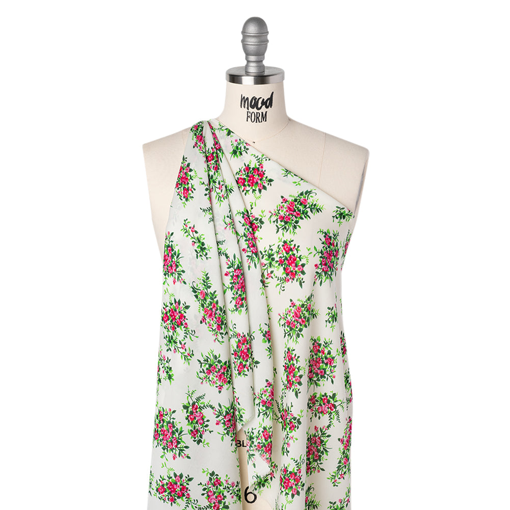 Silk Georgette Print - Pink, Green and Ivory Flower Bunches - Deadstock - Joann Fabrics