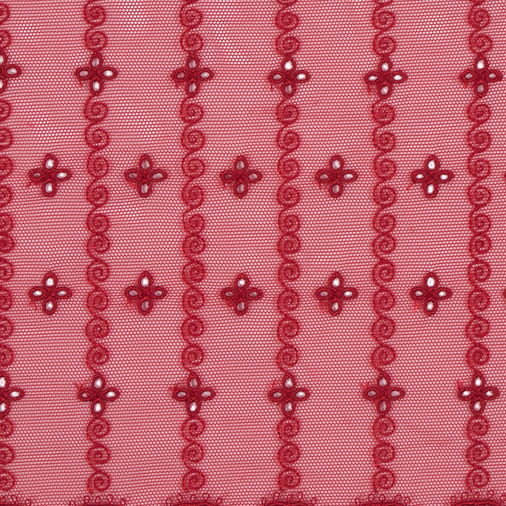 Red Embroidered and Eyelet Mesh with Finished Edges - 7.75