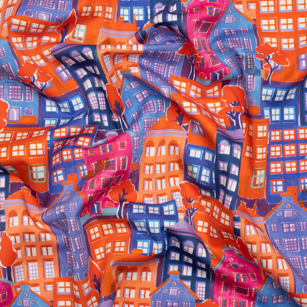 Stretch Cotton Sateen - Purple, Orange and Blue Houses - Sunlit City Print - Mood Exclusive Chariot Collection - Joann Fabrics