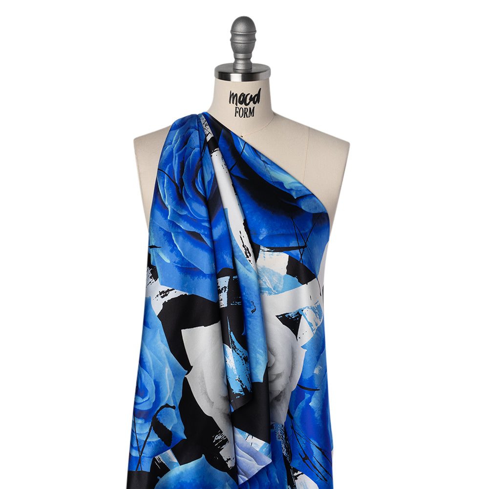 Silk Charmeuse Print 16MM, Made in Italy - Blue, White and Black Rose Bouquet - Joann Fabrics
