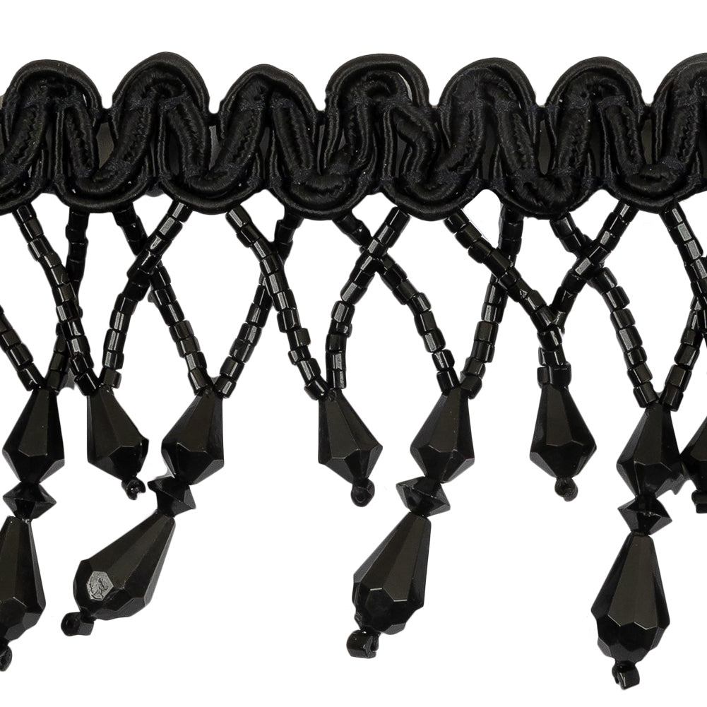 Vintage Black Fancy Beaded Fringe on Black Braid - 2.25