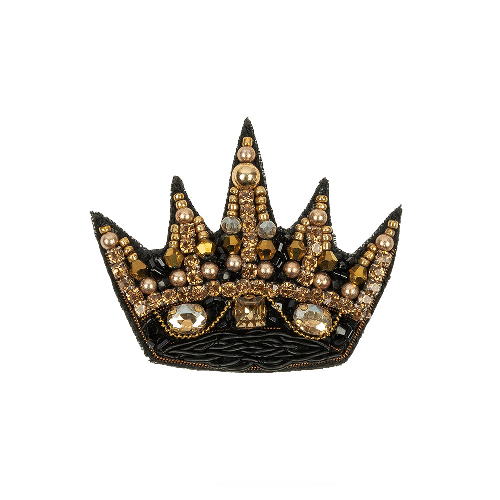 Black and Gold Crown Rhinestone and Glass Beaded Applique - 2.125