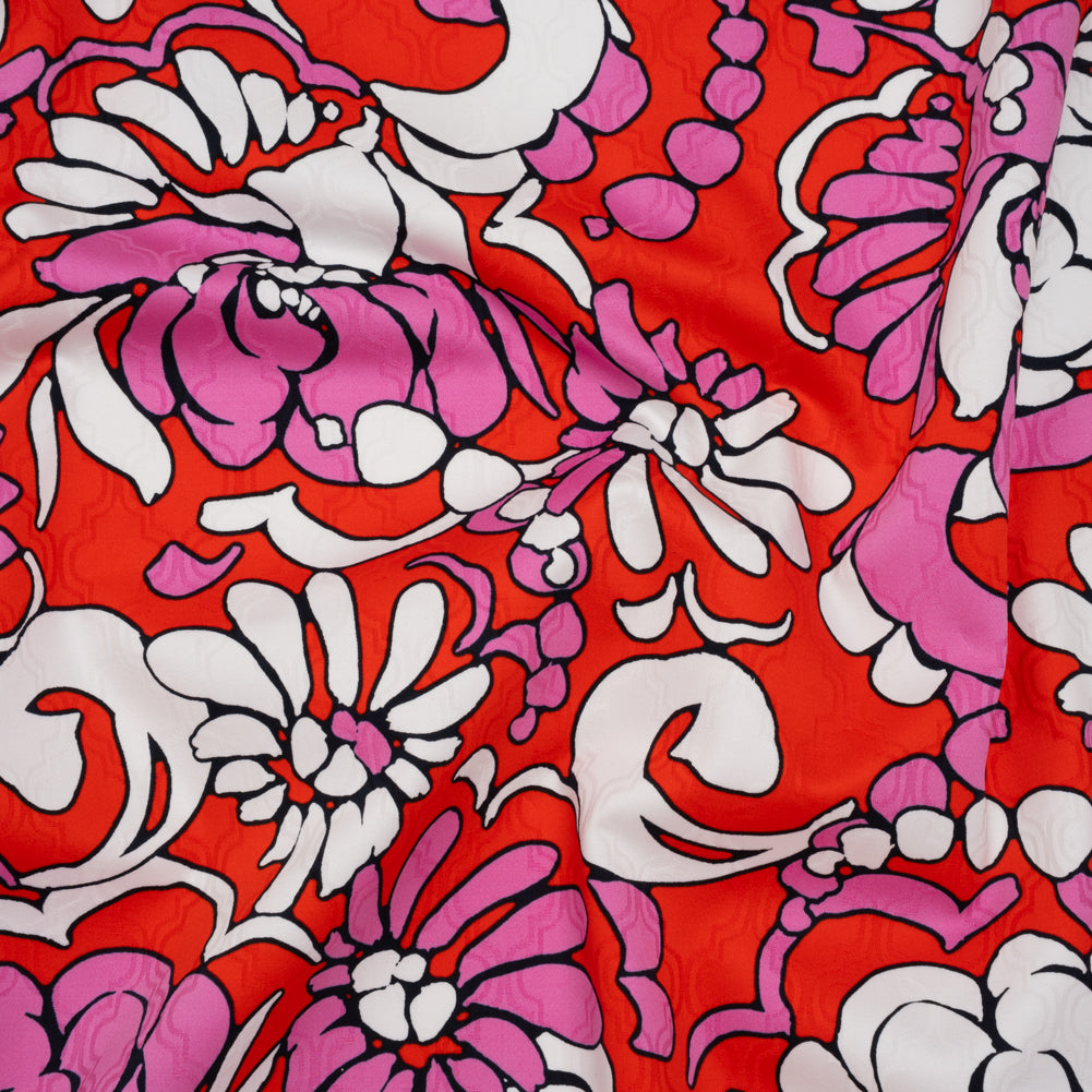 Stretch Cotton Jacquard Print by Trina Turk - Hot Pink, Red and White Florals on Ogees - Designer Deadstock - Joann Fabrics