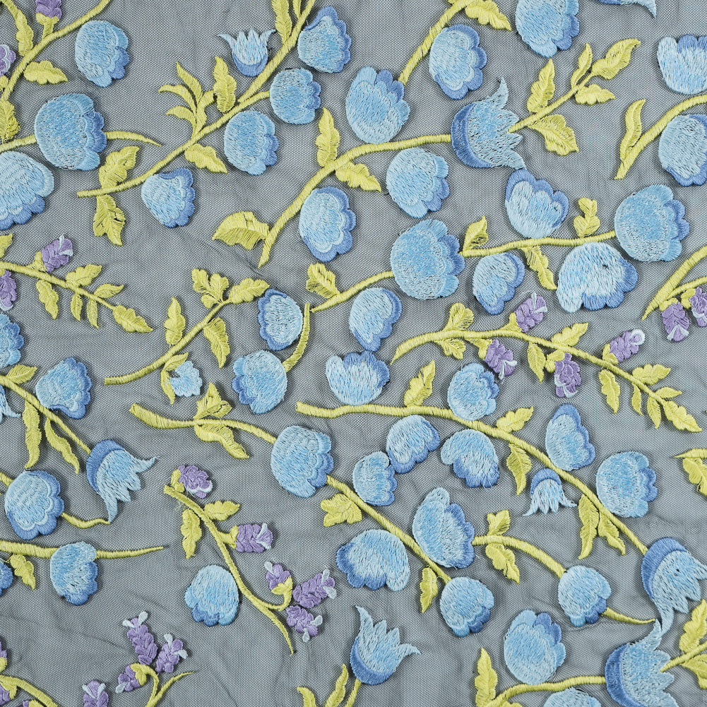 Sunny Lime, Orchid Bloom and Blue Bell Floral Embroidered Lace on Black Tulle - Joann Fabrics