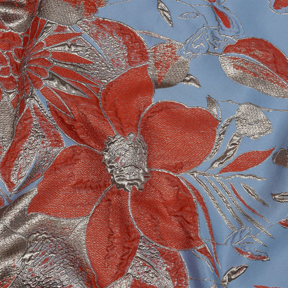 Metallic Silver, Coral and Blue Floral Luxury Brocade - Joann Fabrics