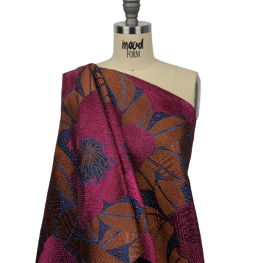 Metallic Magenta, Burnt Orange and Blue Tropical Flowers Luxury Brocade - Joann Fabrics