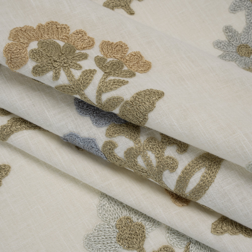 Polyester and Cotton Slubbed Drapery Woven with Viscose Embroidery - Seaspray Simple Flowers - British Imported - Joann Fabrics