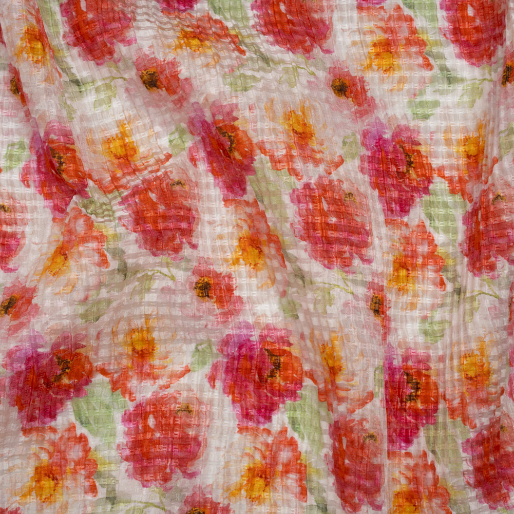 Ruched Silk Blend Striped Dobby Made in Italy - Magenta, Orange and Light Green Floral - Deadstock - Joann Fabrics