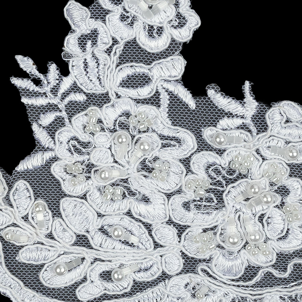 White Floral Scalloped Beaded and Corded Bridal Lace Trim - 5.5