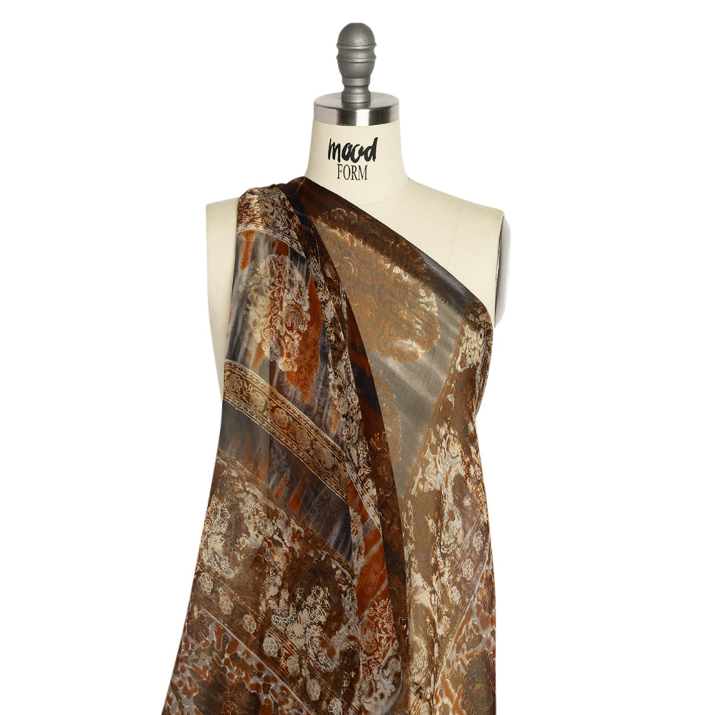 Brown, Rust and Black Decorated Stripes Crinkled Silk Chiffon - Joann Fabrics