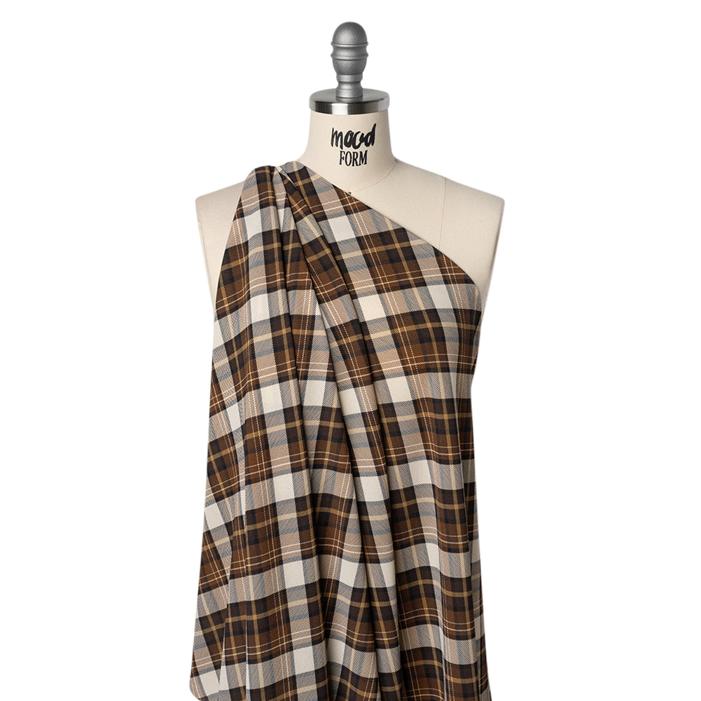 Stretch Polyester Crepe - Brown, Beige and Navy Diagonal Plaid - Designer Deadstock - Joann Fabrics