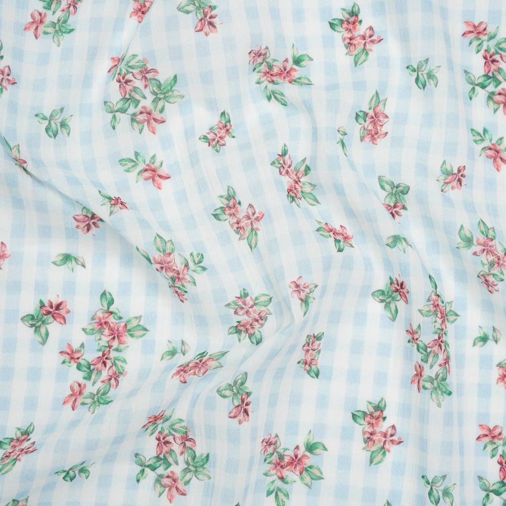 Crinkled Cotton Gauzy Woven - Blue, Pink and Green Flowers on Gingham - Mood Exclusive Picnic Petals Print - Joann Fabrics
