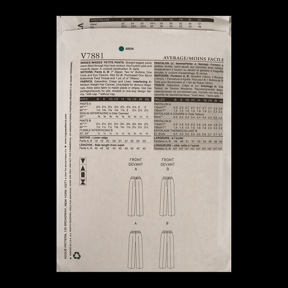 Vogue Misses' Pants Pattern V7881 Sizes 18,20,22 - Joann Fabrics